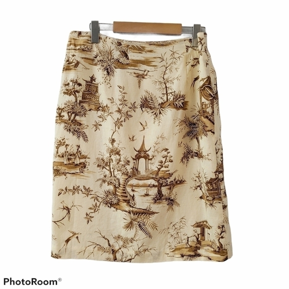 LINEN Skirt Oriental Pattern Cream and Brown A Line Midi Back Zip Skirt Size 14 - Picture 1 of 6